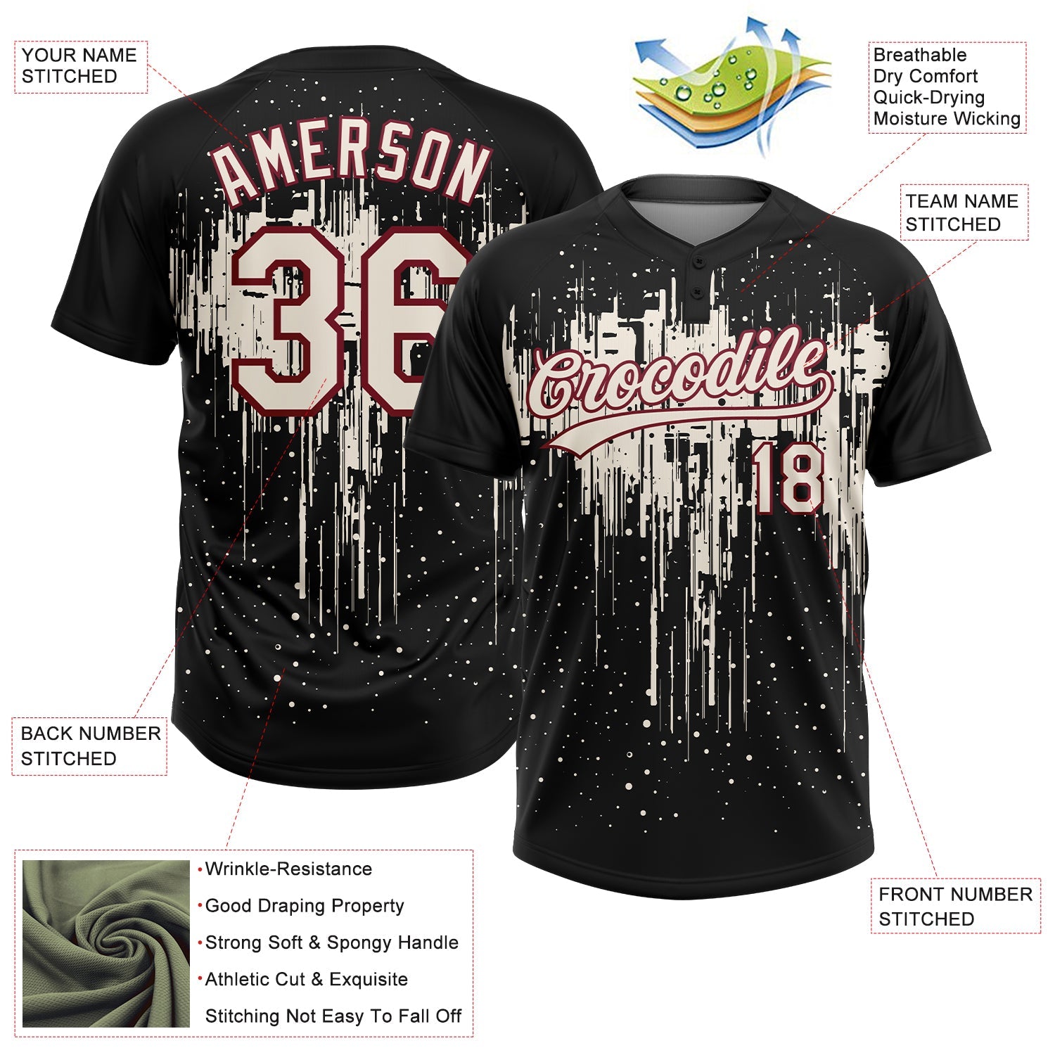 Custom Black Cream-Crimson Dripping Splatter Paint Two-Button Unisex Softball Jersey view 3