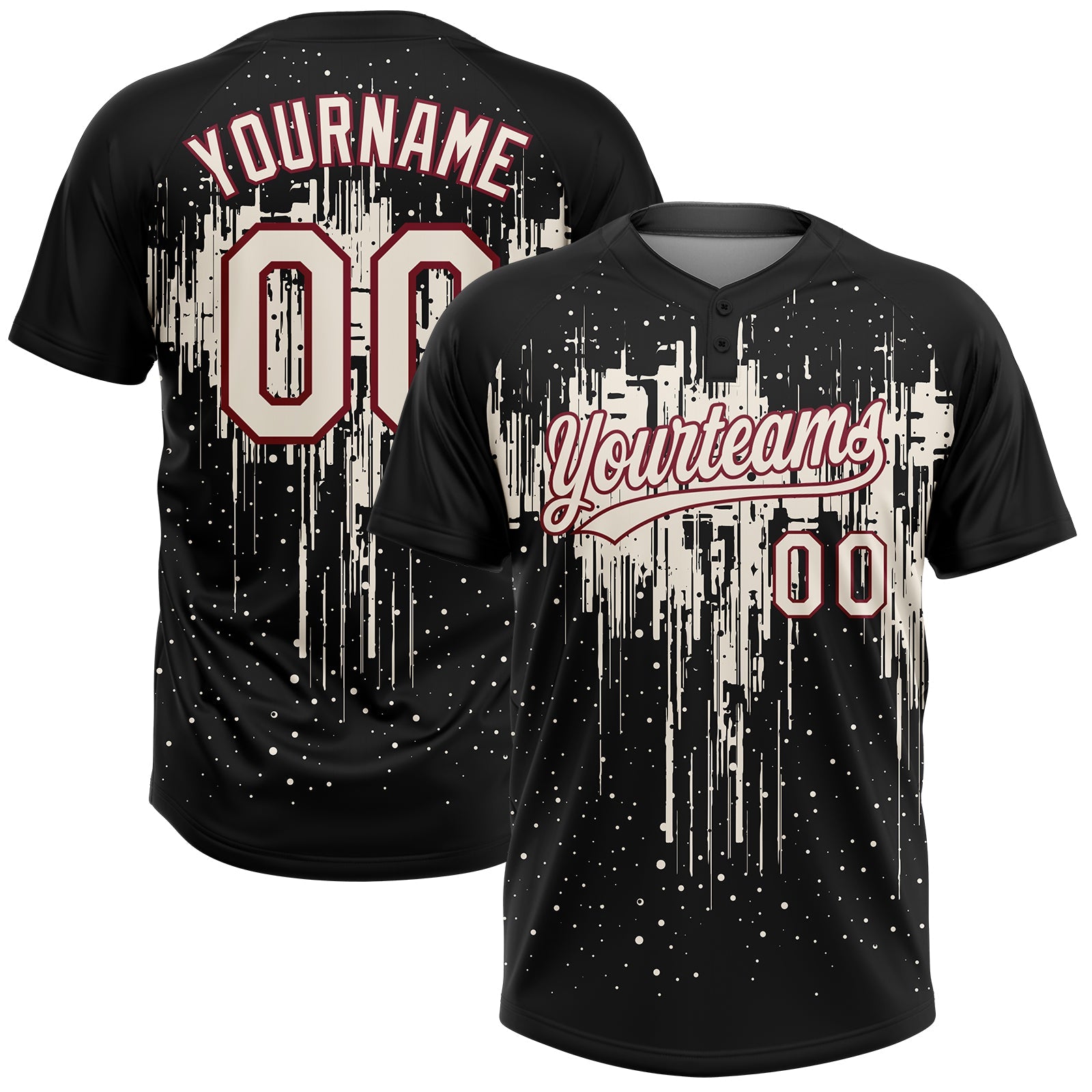 Custom Black Cream-Crimson Dripping Splatter Paint Two-Button Unisex Softball Jersey - Main View