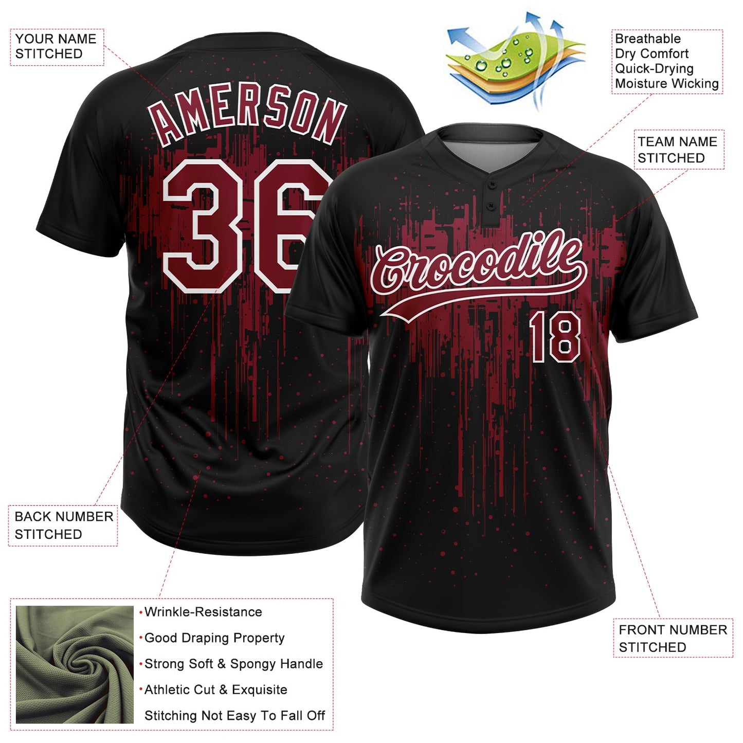 Custom Black Crimson-White Dripping Splatter Paint Two-Button Unisex Softball Jersey view 3