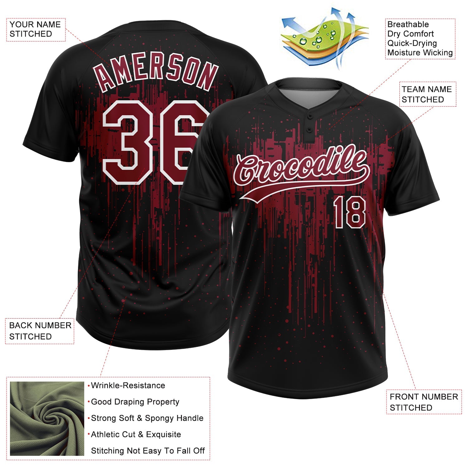 Custom Black Crimson-White Dripping Splatter Paint Two-Button Unisex Softball Jersey view 3