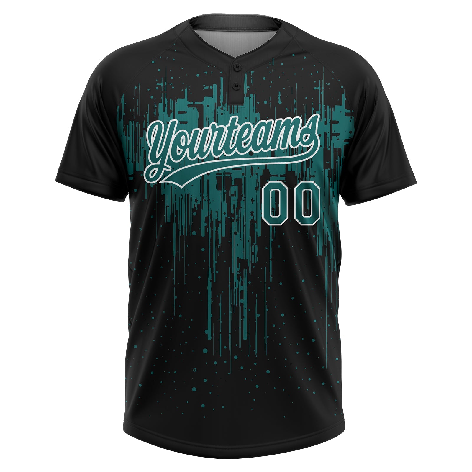 Custom Black Teal-White Dripping Splatter Paint Two-Button Unisex Softball Jersey view 2