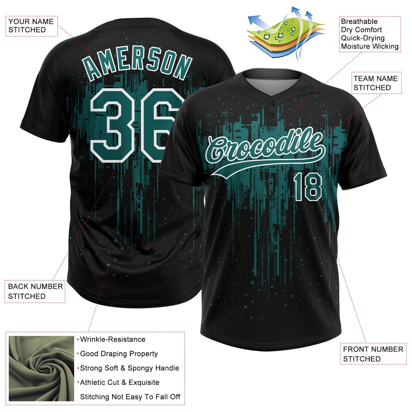Custom Black Teal-White Dripping Splatter Paint Two-Button Unisex Softball Jersey view 3