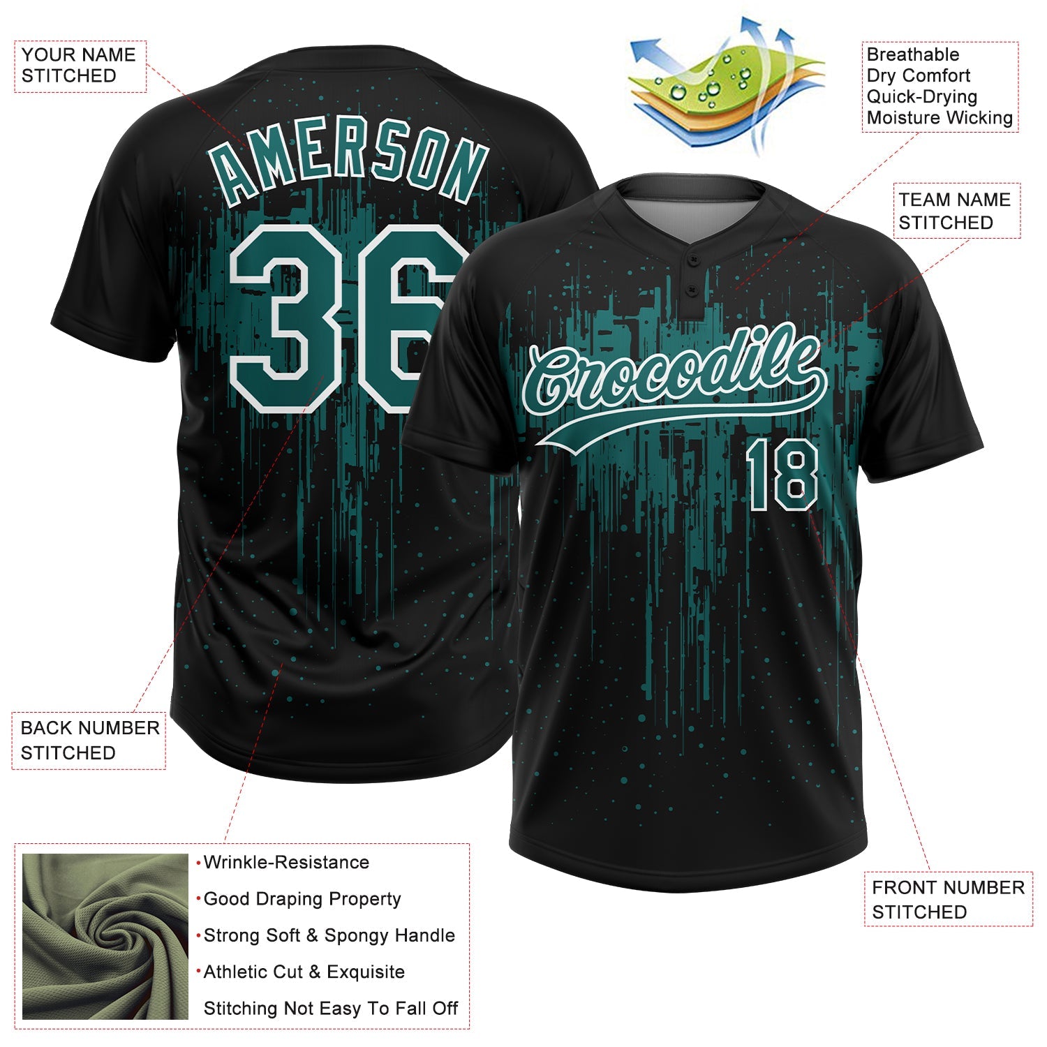 Custom Black Teal-White Dripping Splatter Paint Two-Button Unisex Softball Jersey view 3