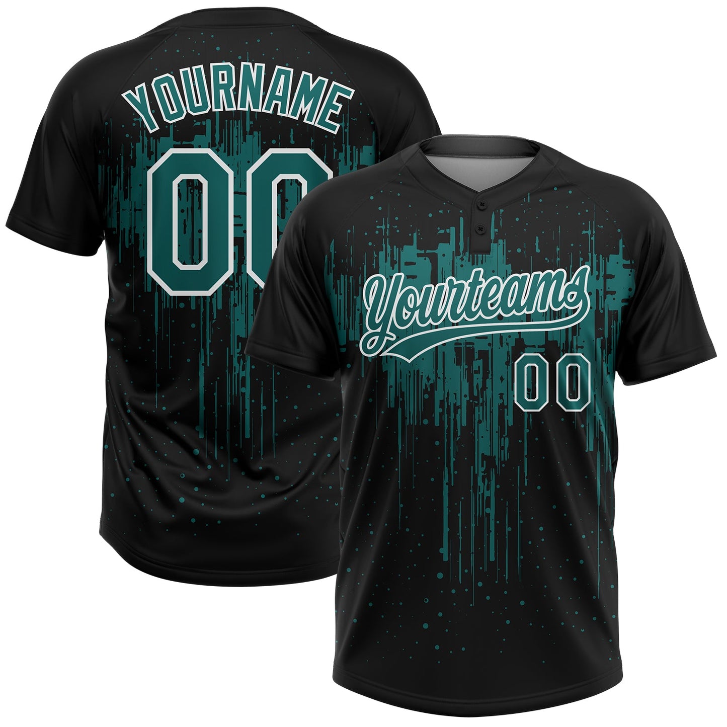 Custom Black Teal-White Dripping Splatter Paint Two-Button Unisex Softball Jersey - Main View