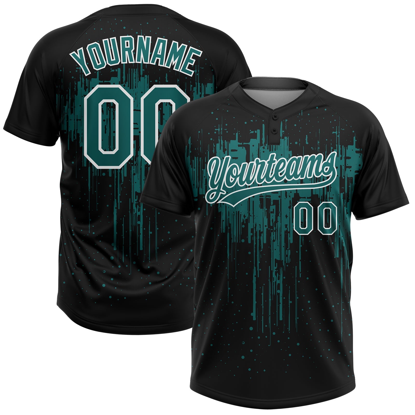 Custom Black Teal-White Dripping Splatter Paint Two-Button Unisex Softball Jersey - Main View