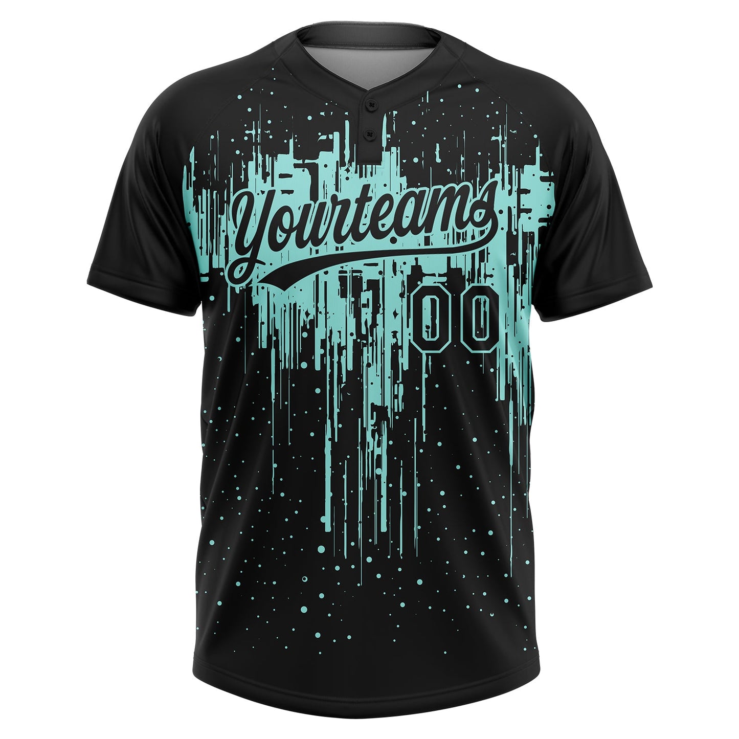 Custom Black Ice Blue Dripping Splatter Paint Two-Button Unisex Softball Jersey view 2