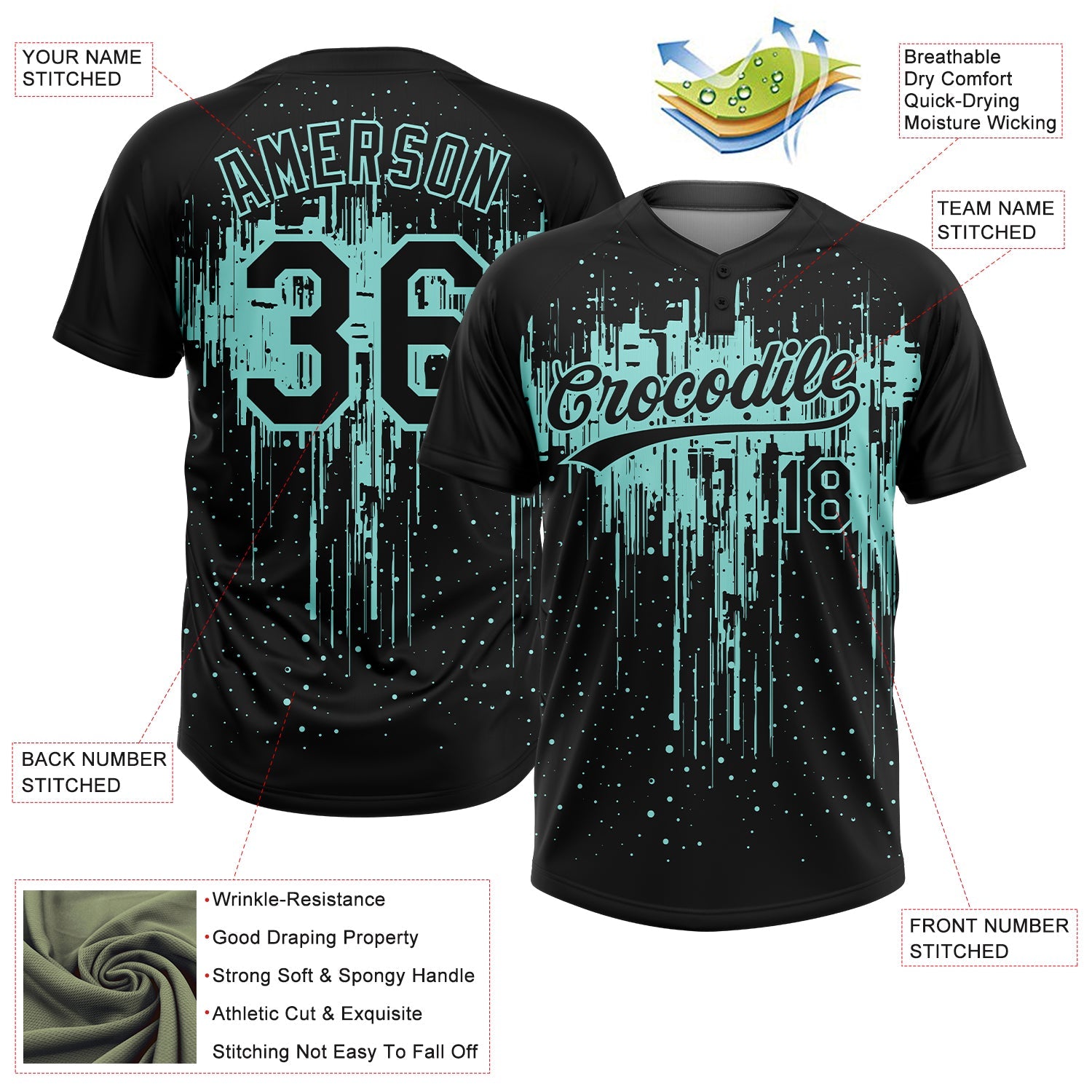 Custom Black Ice Blue Dripping Splatter Paint Two-Button Unisex Softball Jersey view 3