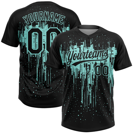 Custom Black Ice Blue Dripping Splatter Paint Two-Button Unisex Softball Jersey - Main View