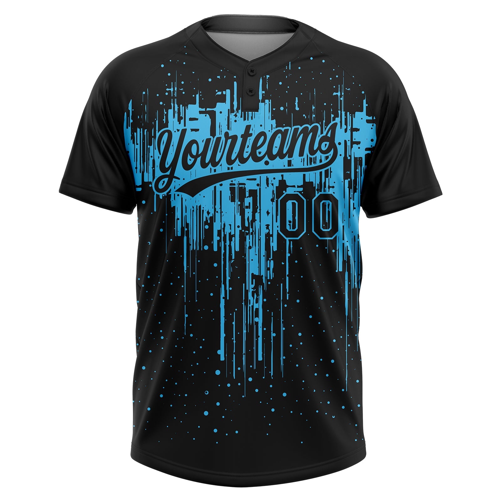 Custom Black Sky Blue Dripping Splatter Paint Two-Button Unisex Softball Jersey view 2