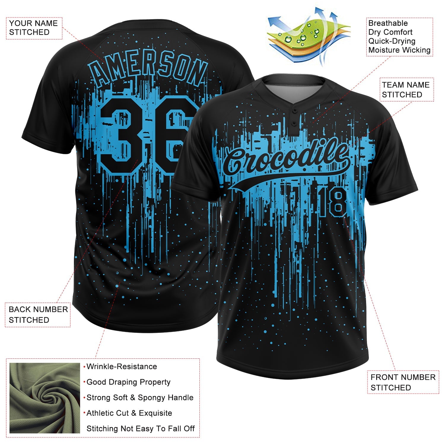 Custom Black Sky Blue Dripping Splatter Paint Two-Button Unisex Softball Jersey view 3
