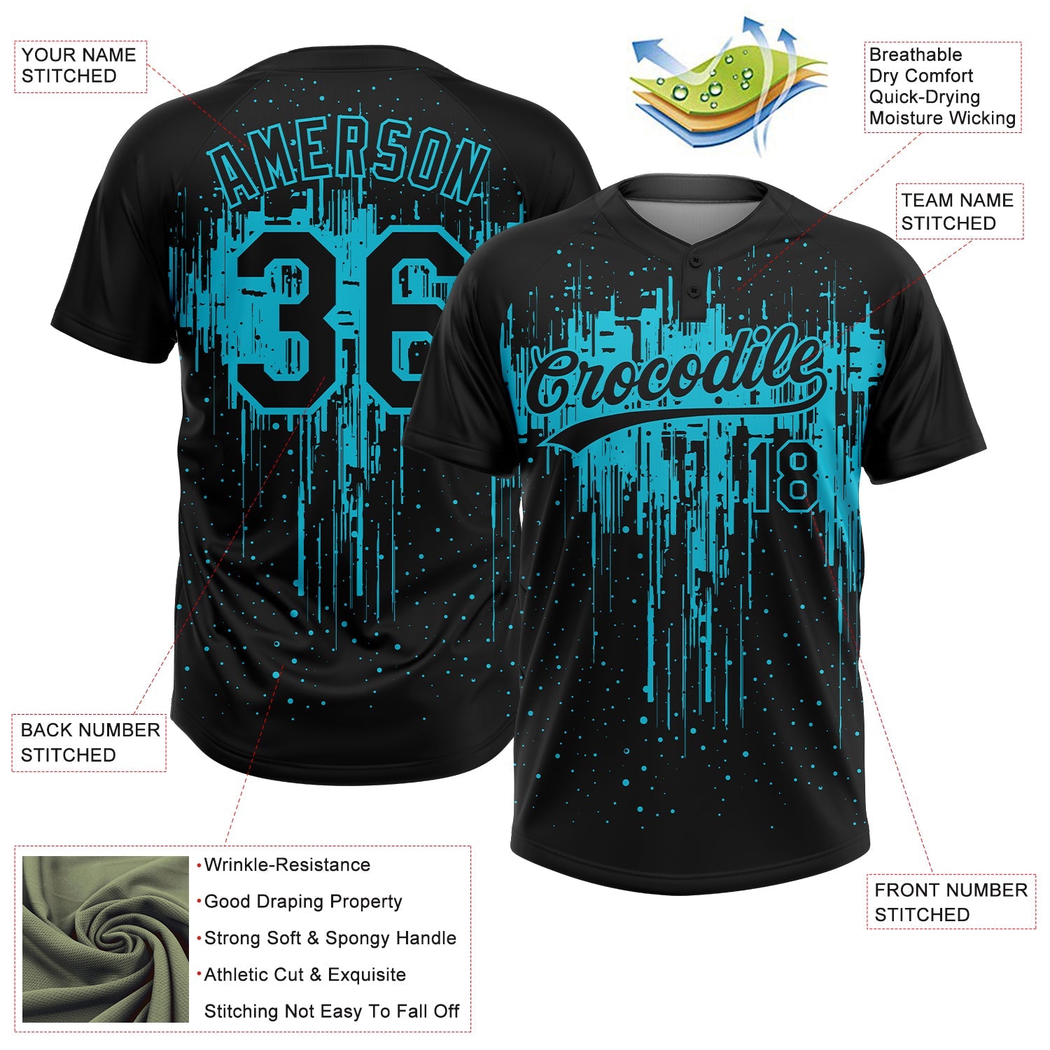 Custom Black Lakes Blue Dripping Splatter Paint Two-Button Unisex Softball Jersey view 3