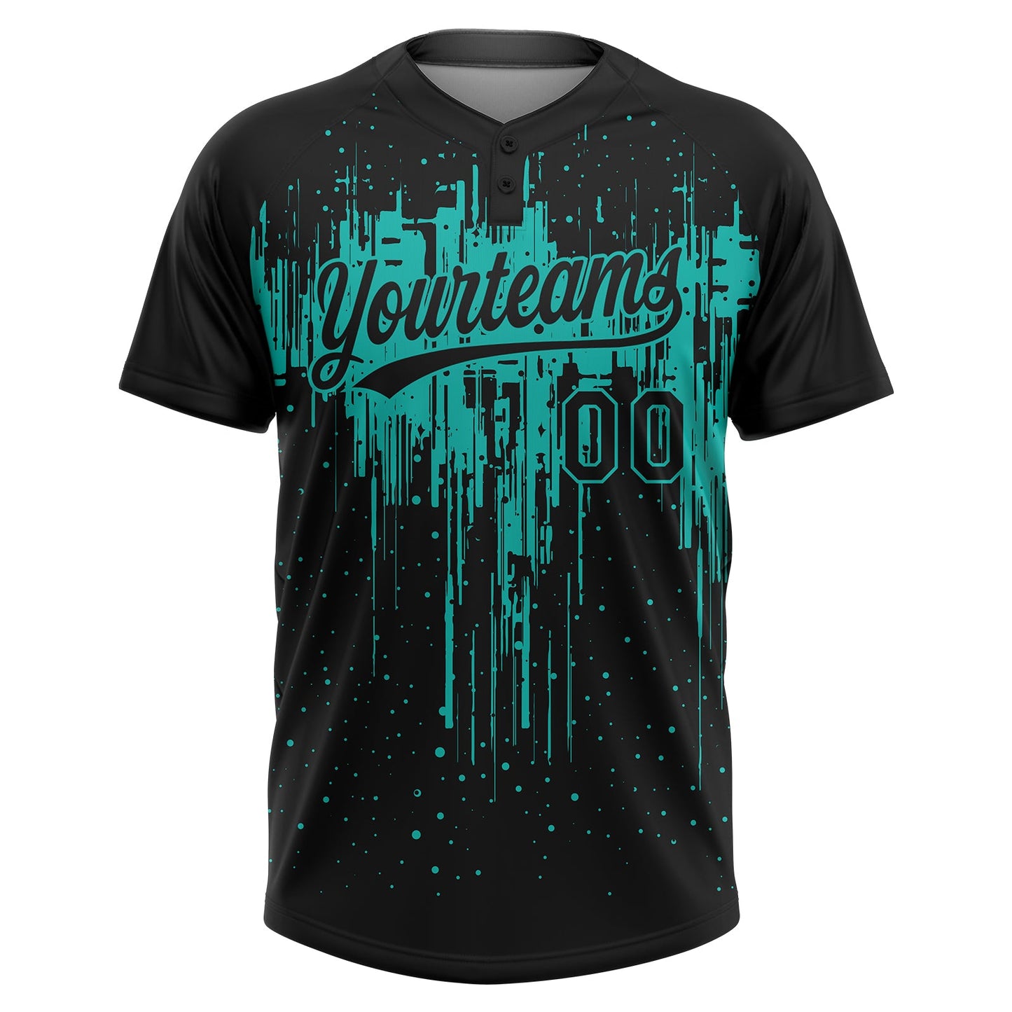 Custom Black Aqua Dripping Splatter Paint Two-Button Unisex Softball Jersey view 2