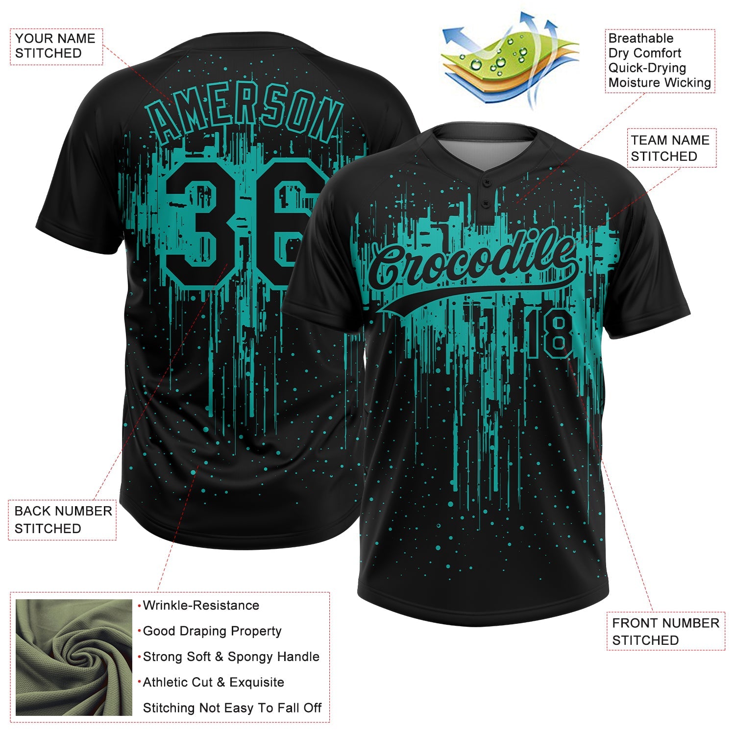 Custom Black Aqua Dripping Splatter Paint Two-Button Unisex Softball Jersey view 3