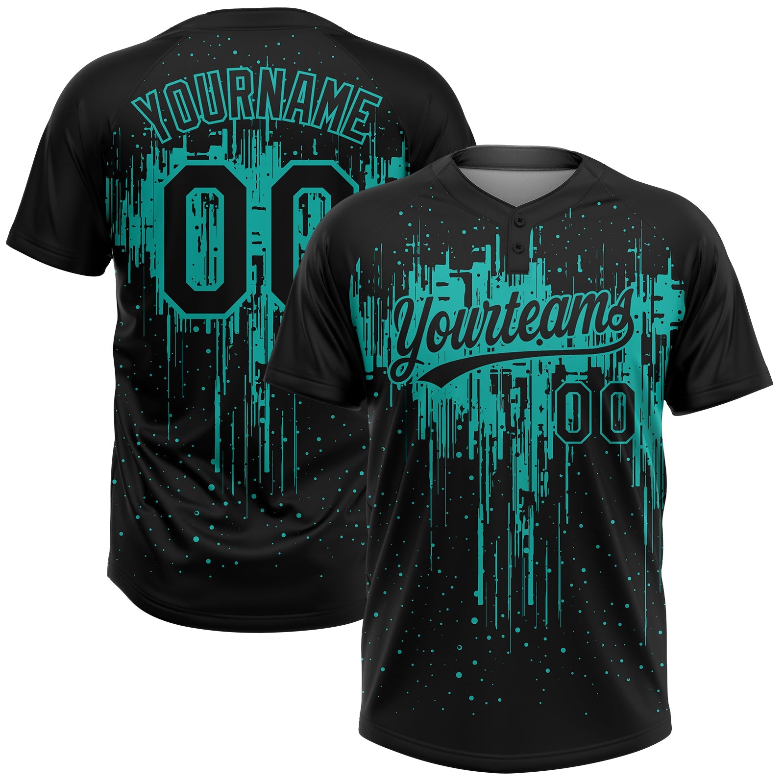 Custom Black Aqua Dripping Splatter Paint Two-Button Unisex Softball Jersey - Main View