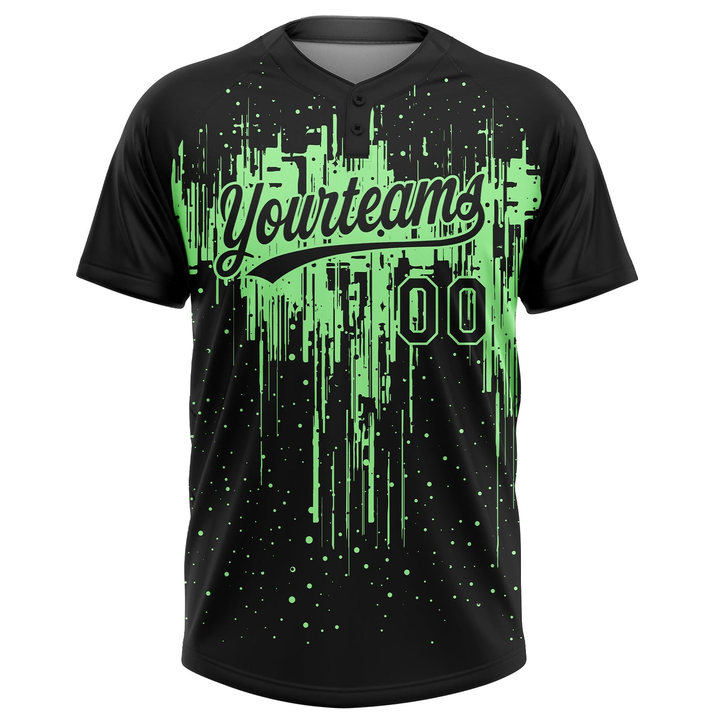 Custom Black Pea Green Dripping Splatter Paint Two-Button Unisex Softball Jersey view 2