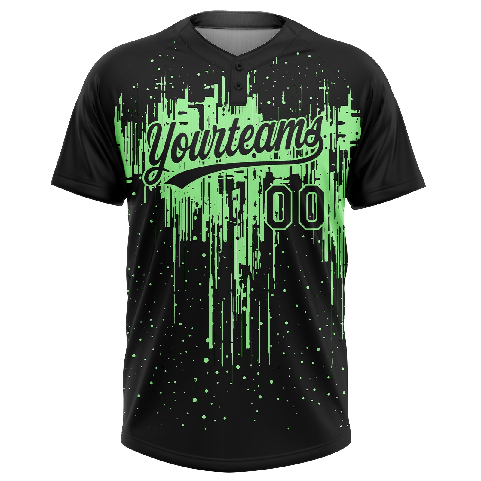 Custom Black Pea Green Dripping Splatter Paint Two-Button Unisex Softball Jersey view 2