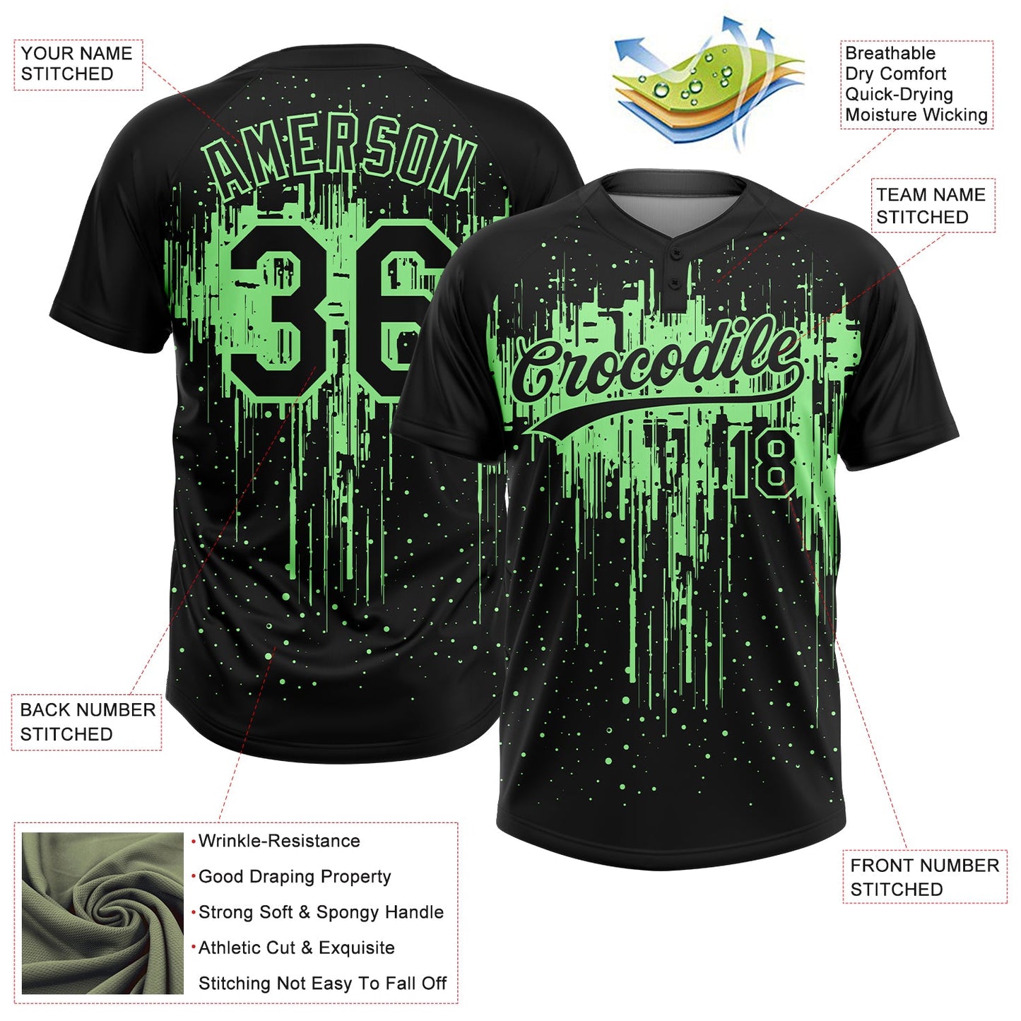 Custom Black Pea Green Dripping Splatter Paint Two-Button Unisex Softball Jersey view 3