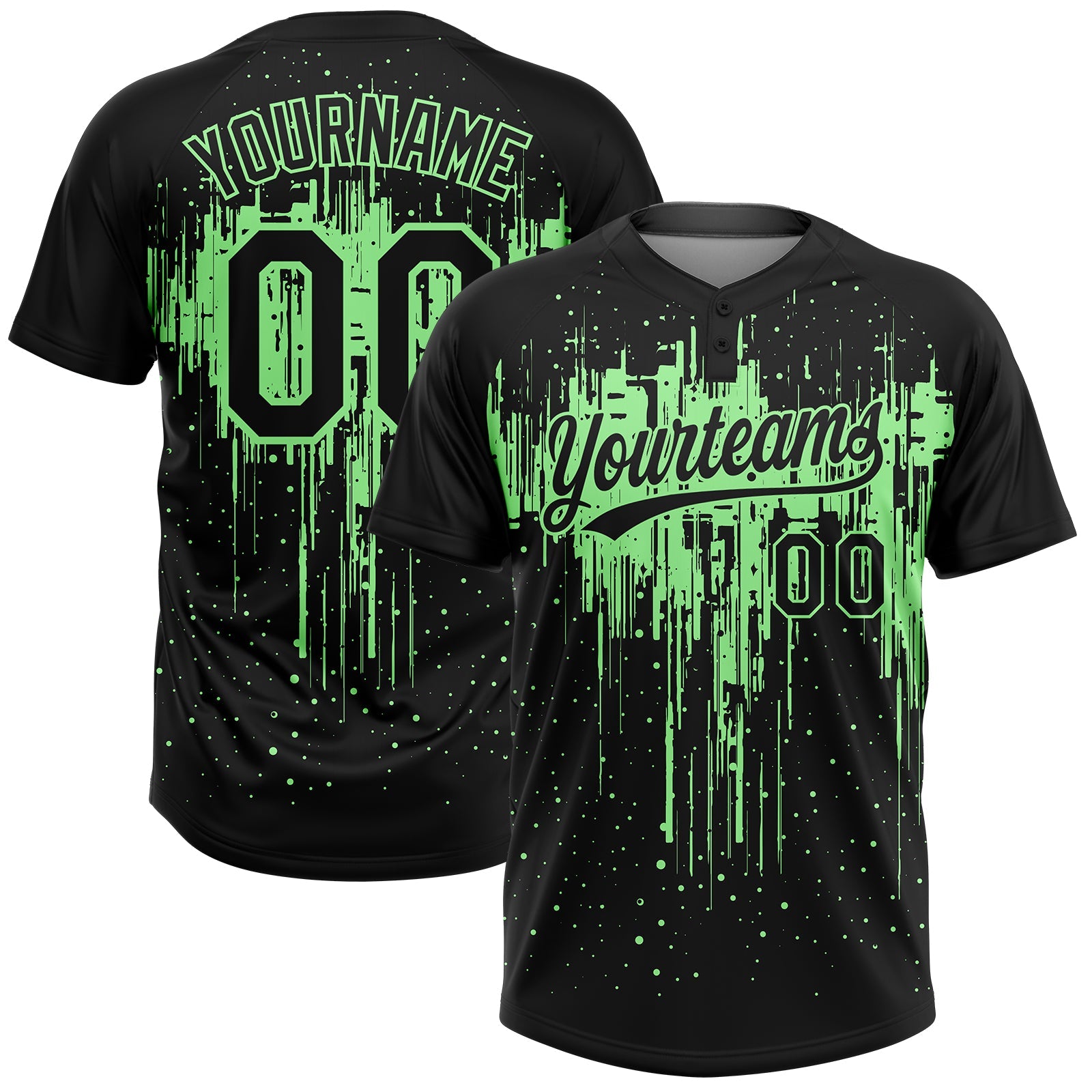 Custom Black Pea Green Dripping Splatter Paint Two-Button Unisex Softball Jersey - Main View