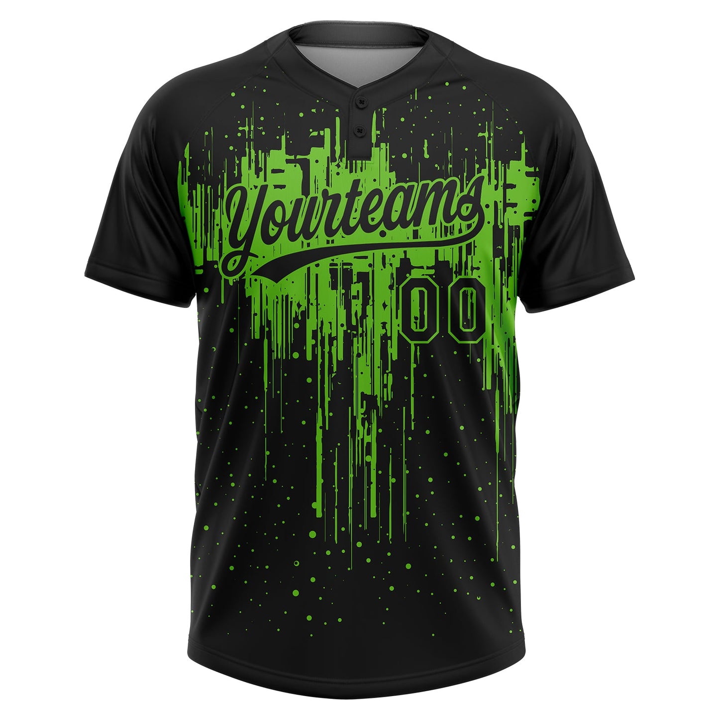 Custom Black Aurora Green Dripping Splatter Paint Two-Button Unisex Softball Jersey view 2