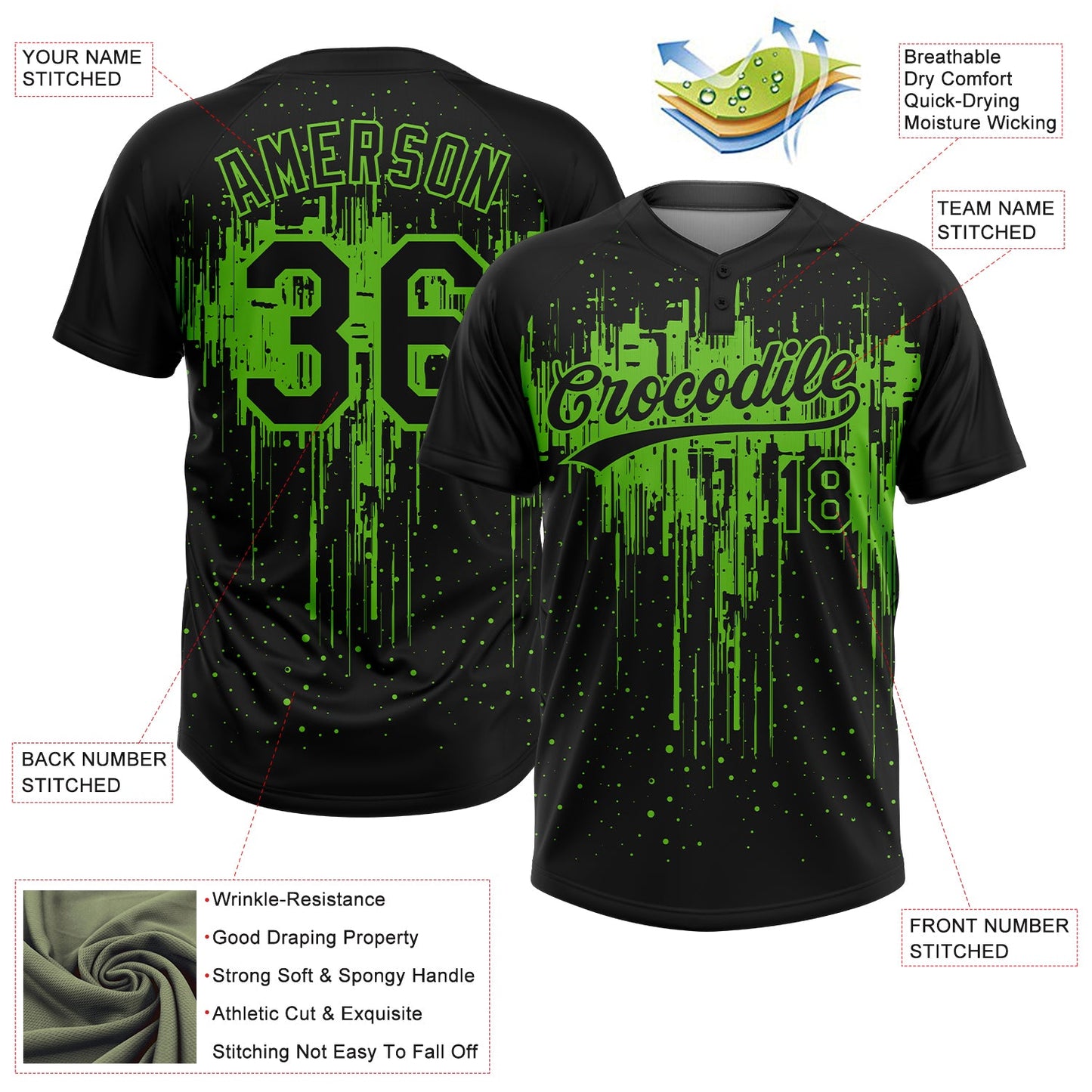 Custom Black Aurora Green Dripping Splatter Paint Two-Button Unisex Softball Jersey view 3