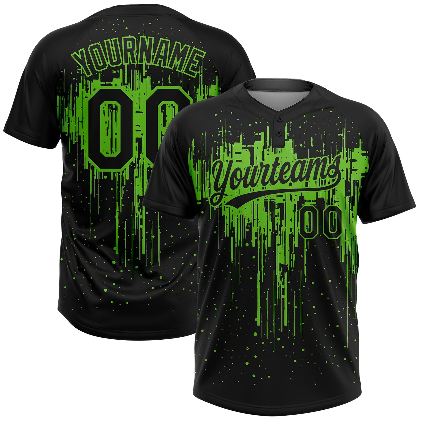 Custom Black Aurora Green Dripping Splatter Paint Two-Button Unisex Softball Jersey - Main View