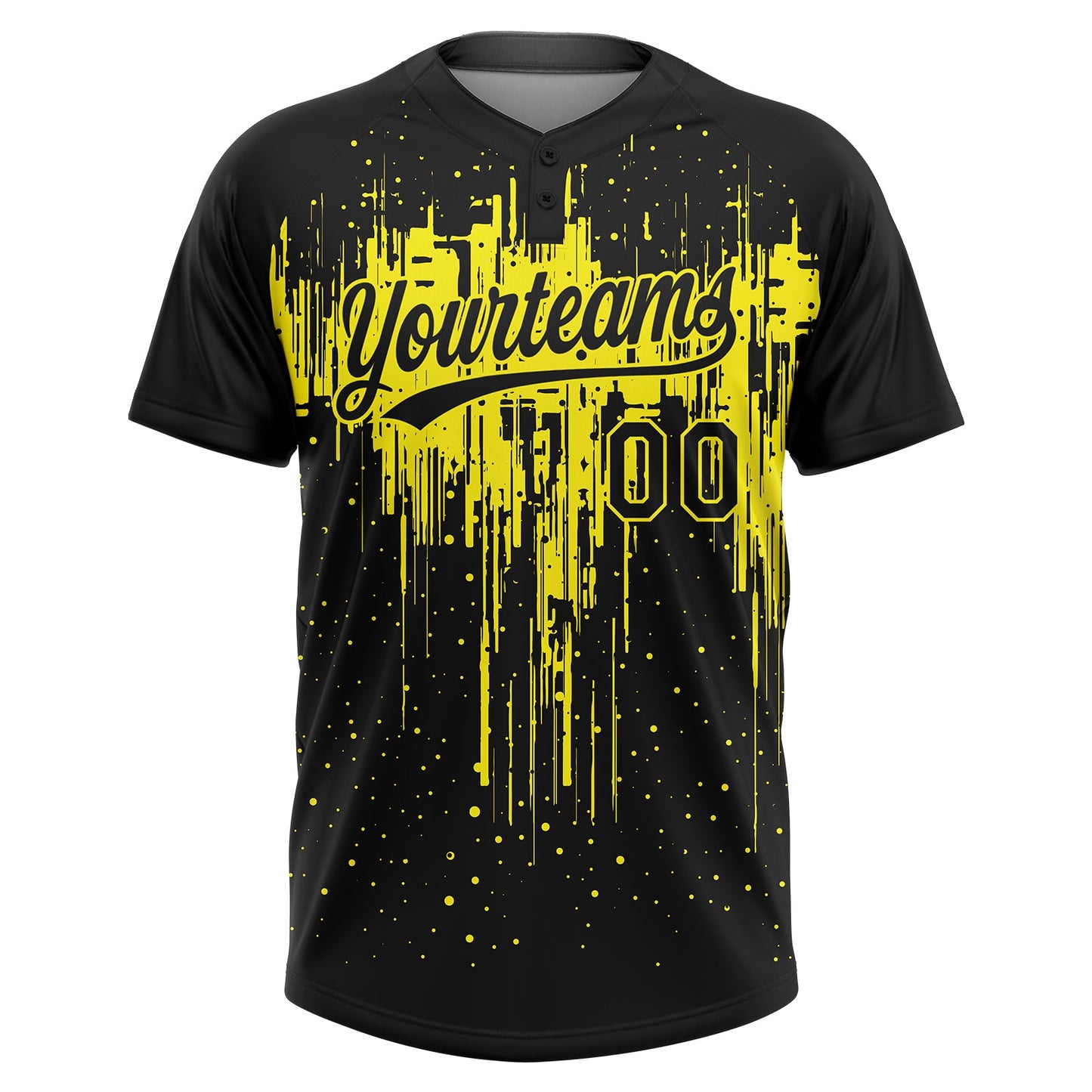 Custom Black Light Yellow Dripping Splatter Paint Two-Button Unisex Softball Jersey view 2