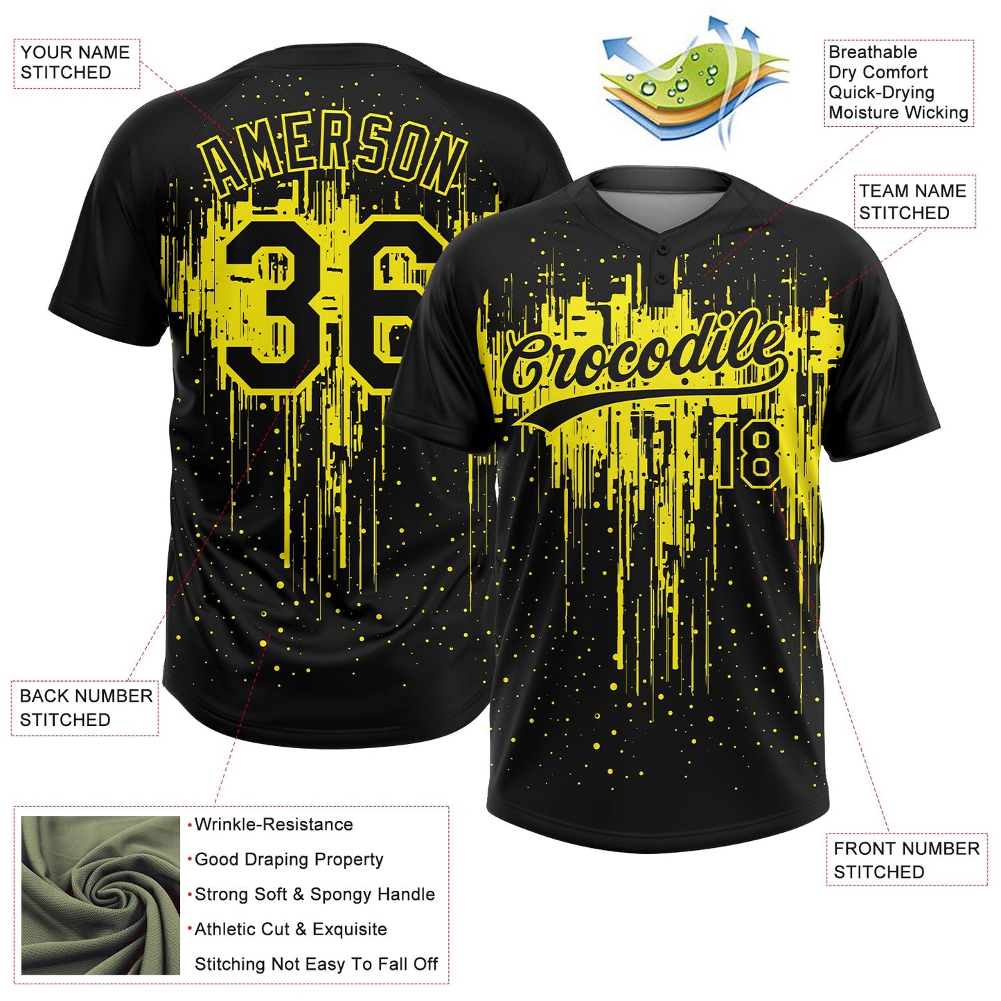 Custom Black Light Yellow Dripping Splatter Paint Two-Button Unisex Softball Jersey view 3