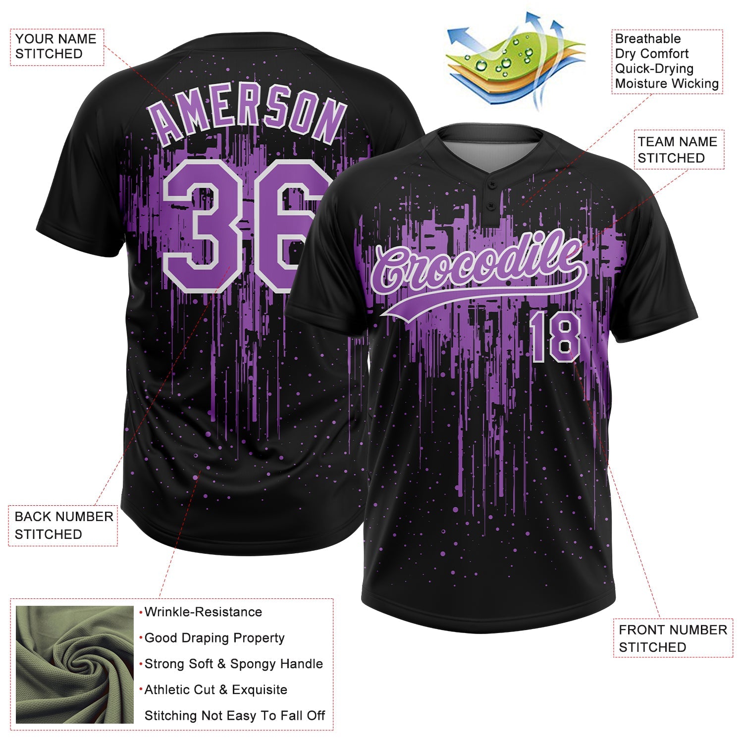Custom Black Medium Purple-White Dripping Splatter Paint Two-Button Unisex Softball Jersey view 3