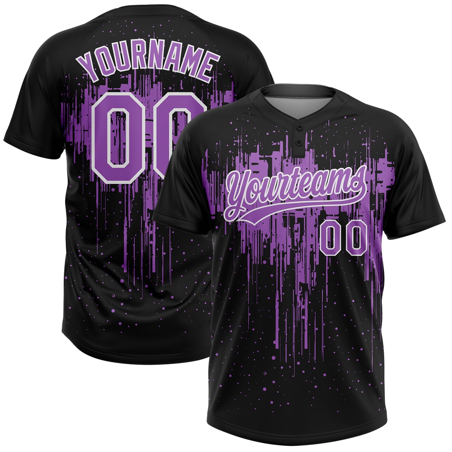 Custom Black Medium Purple-White Dripping Splatter Paint Two-Button Unisex Softball Jersey - Main View