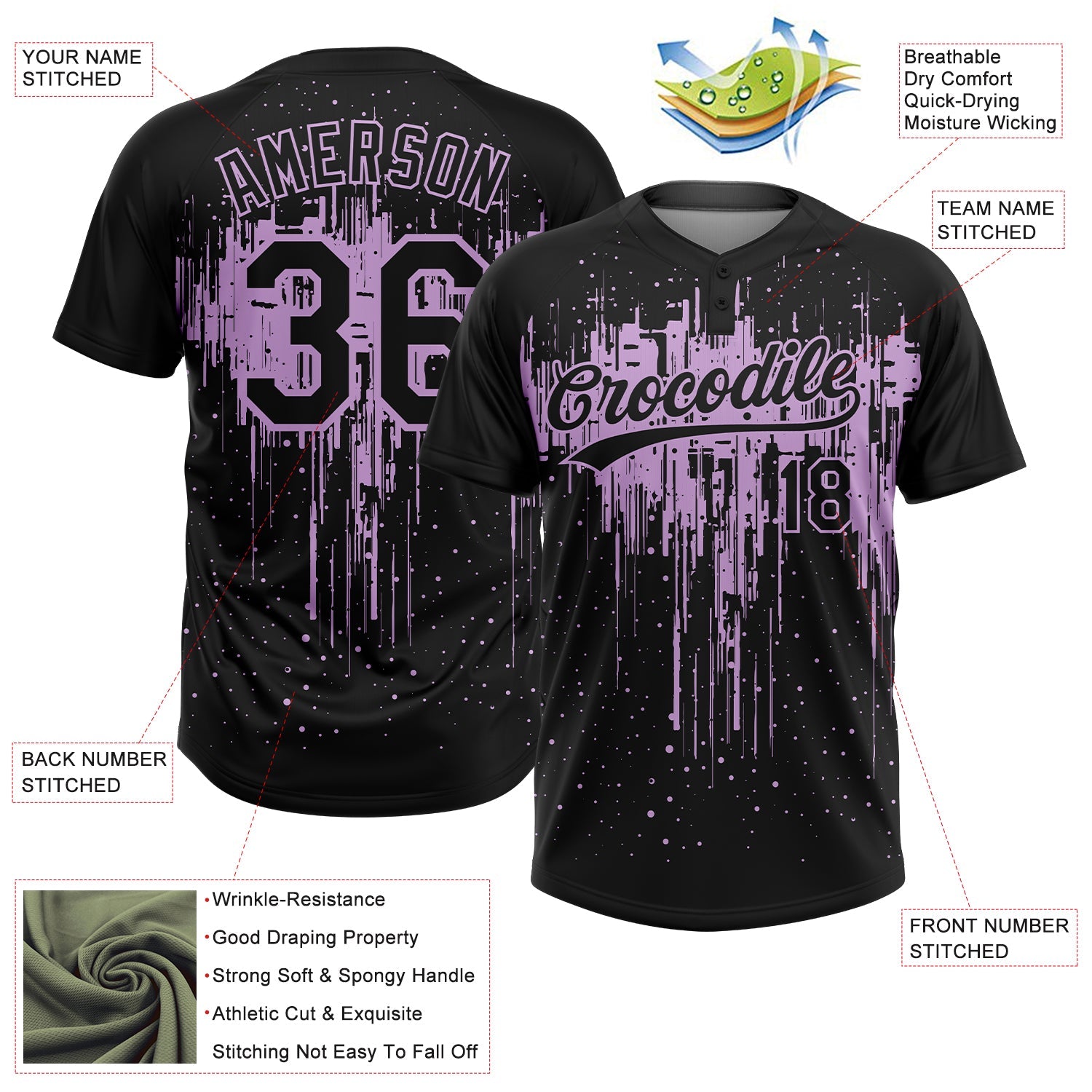 Custom Black Light Purple Dripping Splatter Paint Two-Button Unisex Softball Jersey view 3
