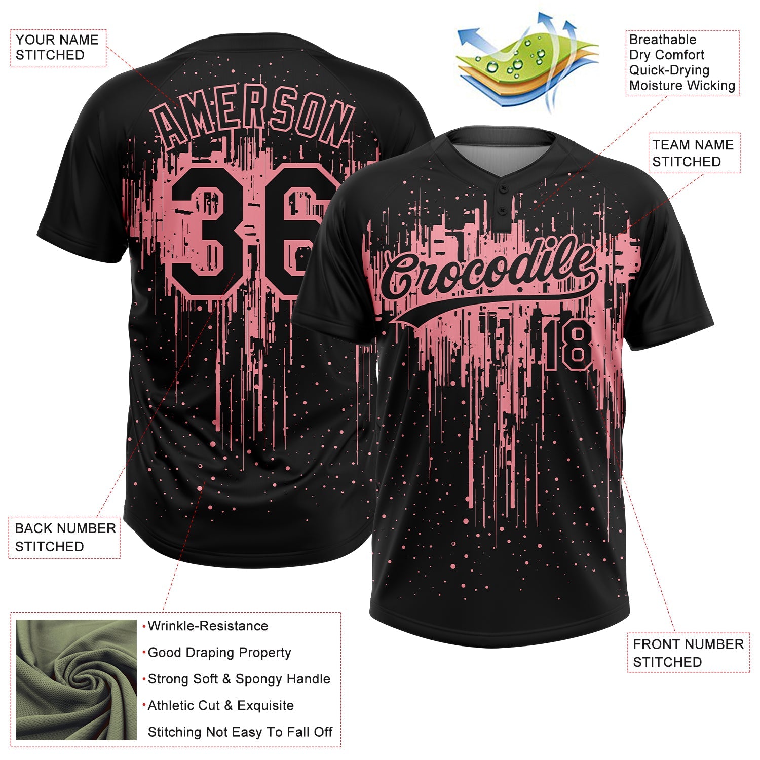 Custom Black Medium Pink Dripping Splatter Paint Two-Button Unisex Softball Jersey view 3