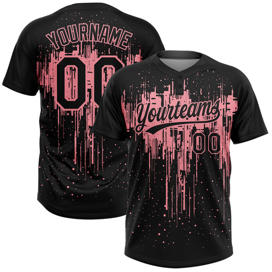 Custom Black Medium Pink Dripping Splatter Paint Two-Button Unisex Softball Jersey - Main View