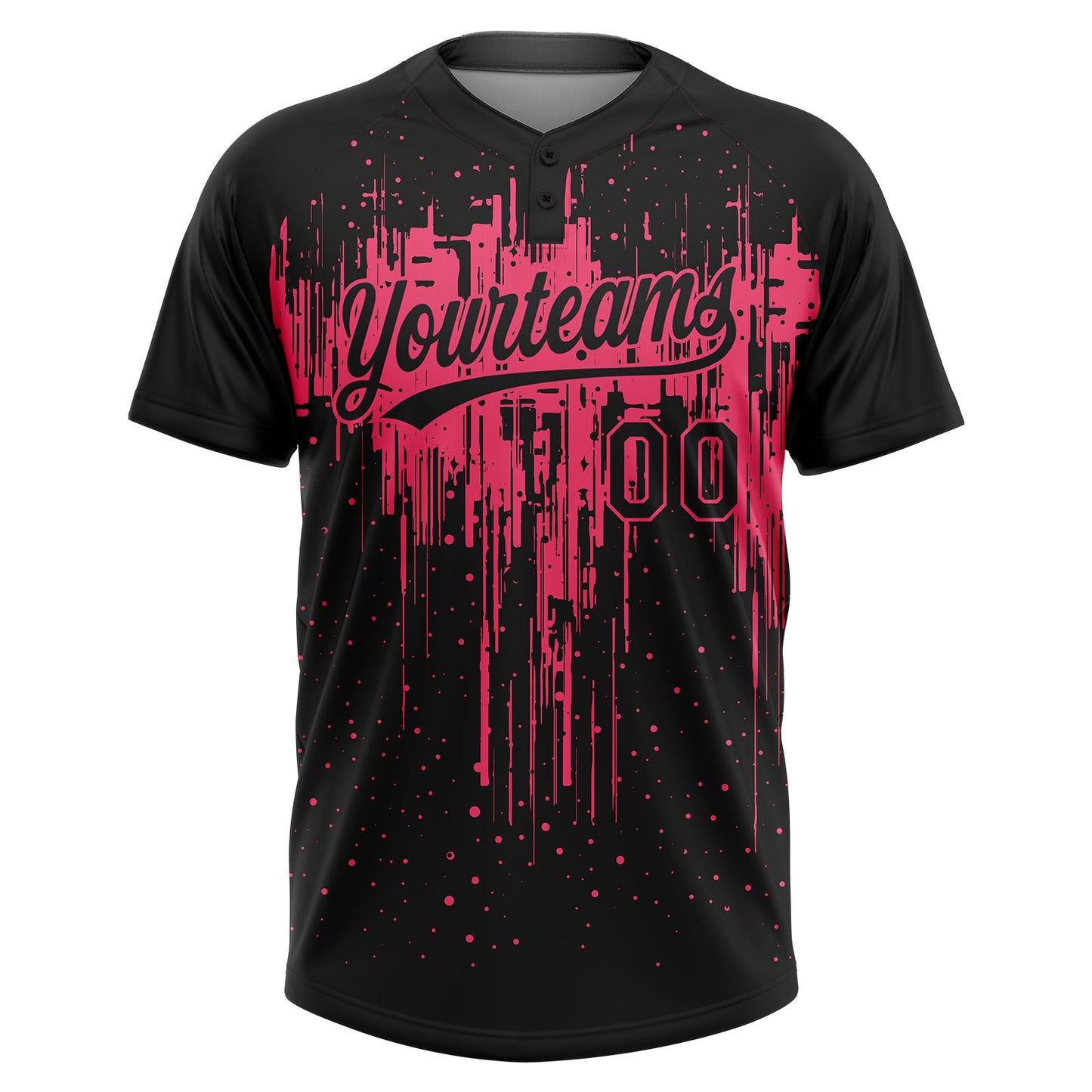 Custom Black Neon Pink Dripping Splatter Paint Two-Button Unisex Softball Jersey view 2