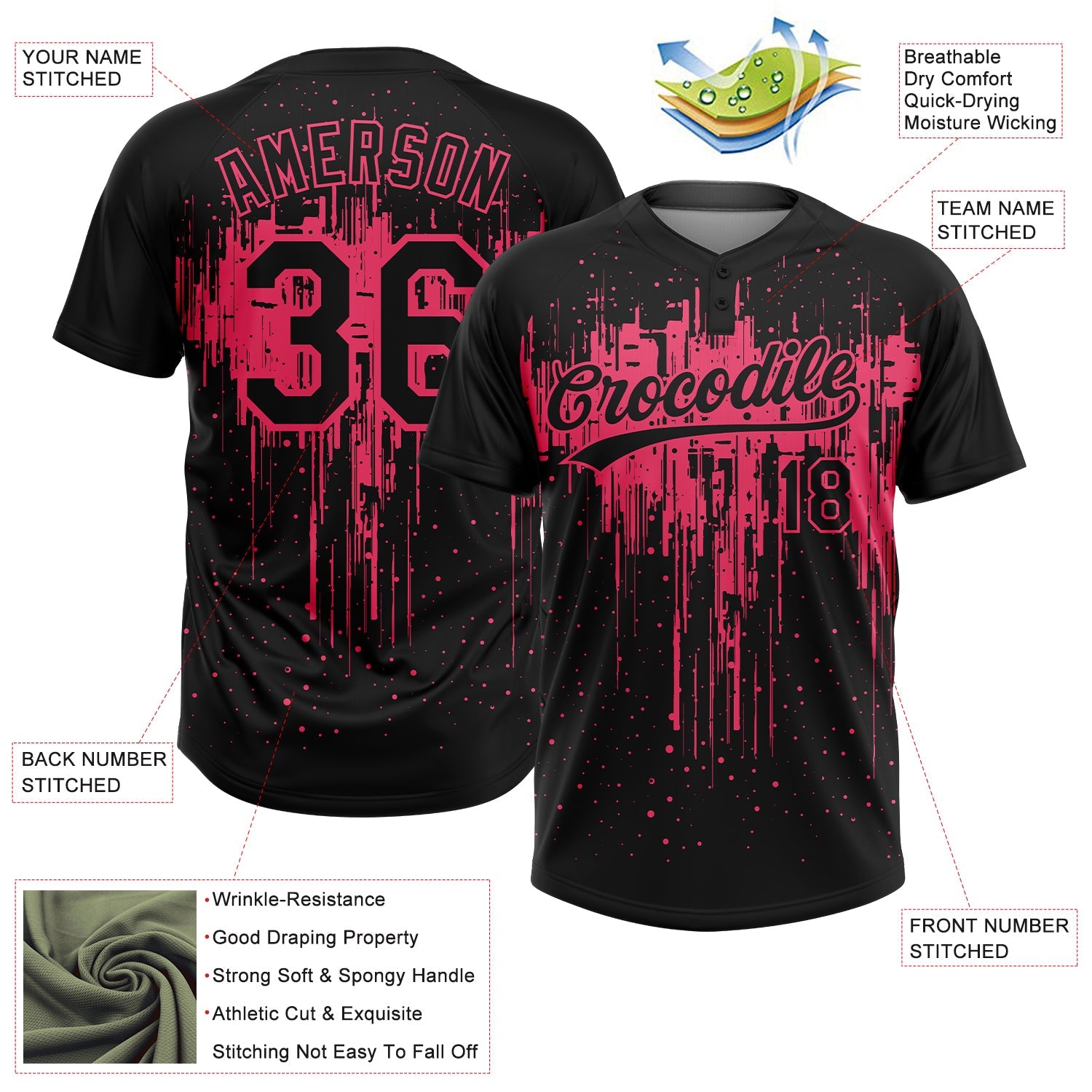 Custom Black Neon Pink Dripping Splatter Paint Two-Button Unisex Softball Jersey view 3