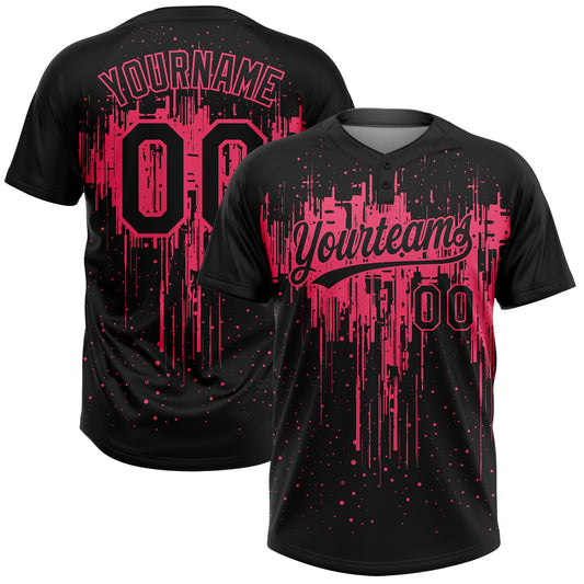 Custom Black Neon Pink Dripping Splatter Paint Two-Button Unisex Softball Jersey - Main View