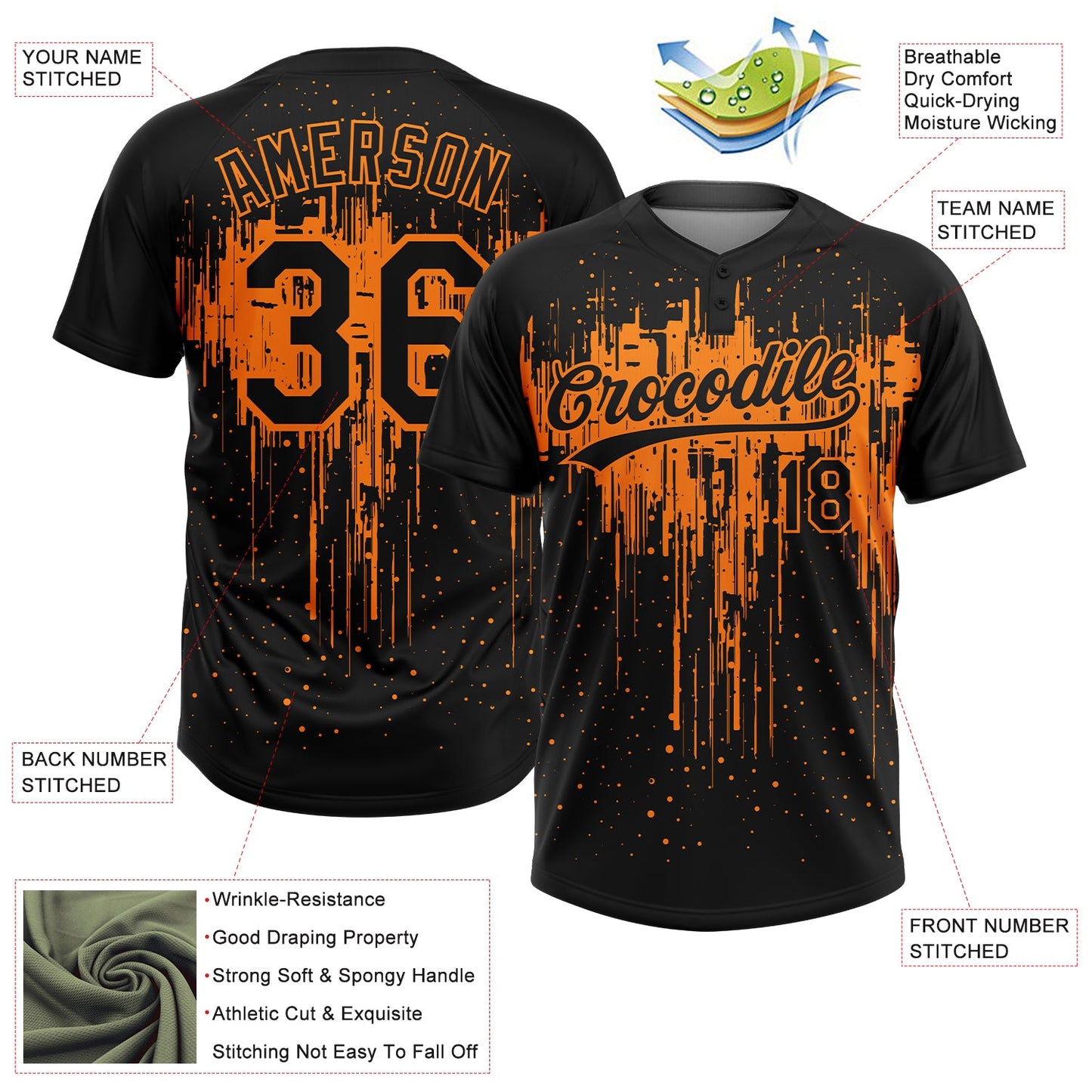Custom Black Bay Orange Dripping Splatter Paint Two-Button Unisex Softball Jersey view 3