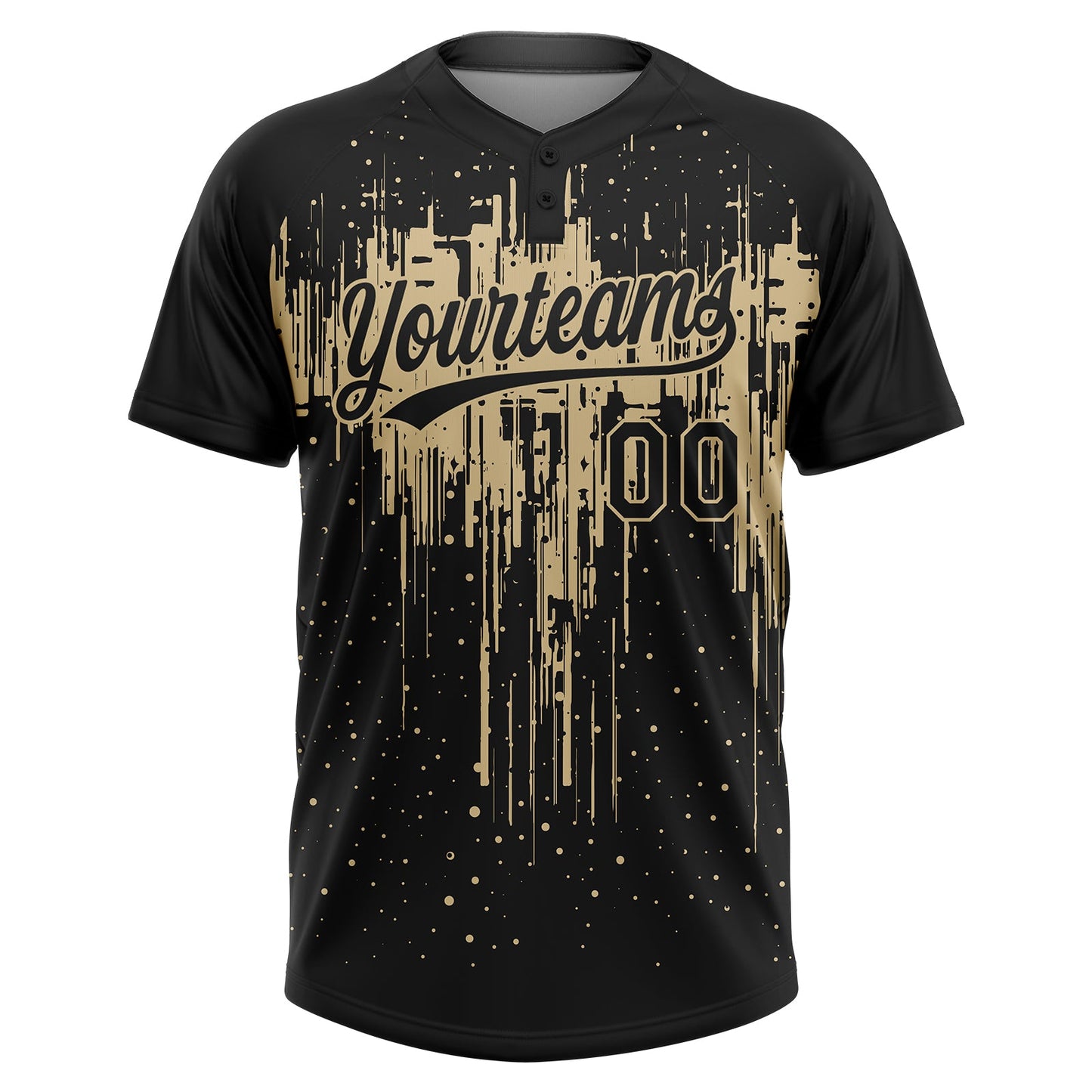 Custom Black Vegas Gold Dripping Splatter Paint Two-Button Unisex Softball Jersey view 2