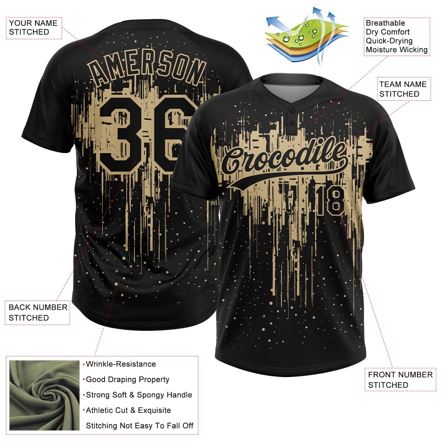 Custom Black Vegas Gold Dripping Splatter Paint Two-Button Unisex Softball Jersey view 3