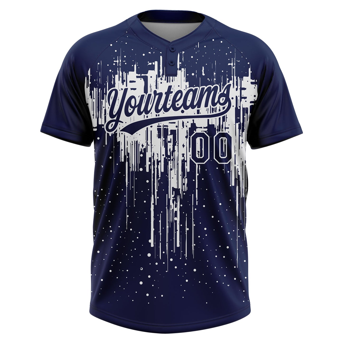 Custom Navy White Dripping Splatter Paint Two-Button Unisex Softball Jersey view 2
