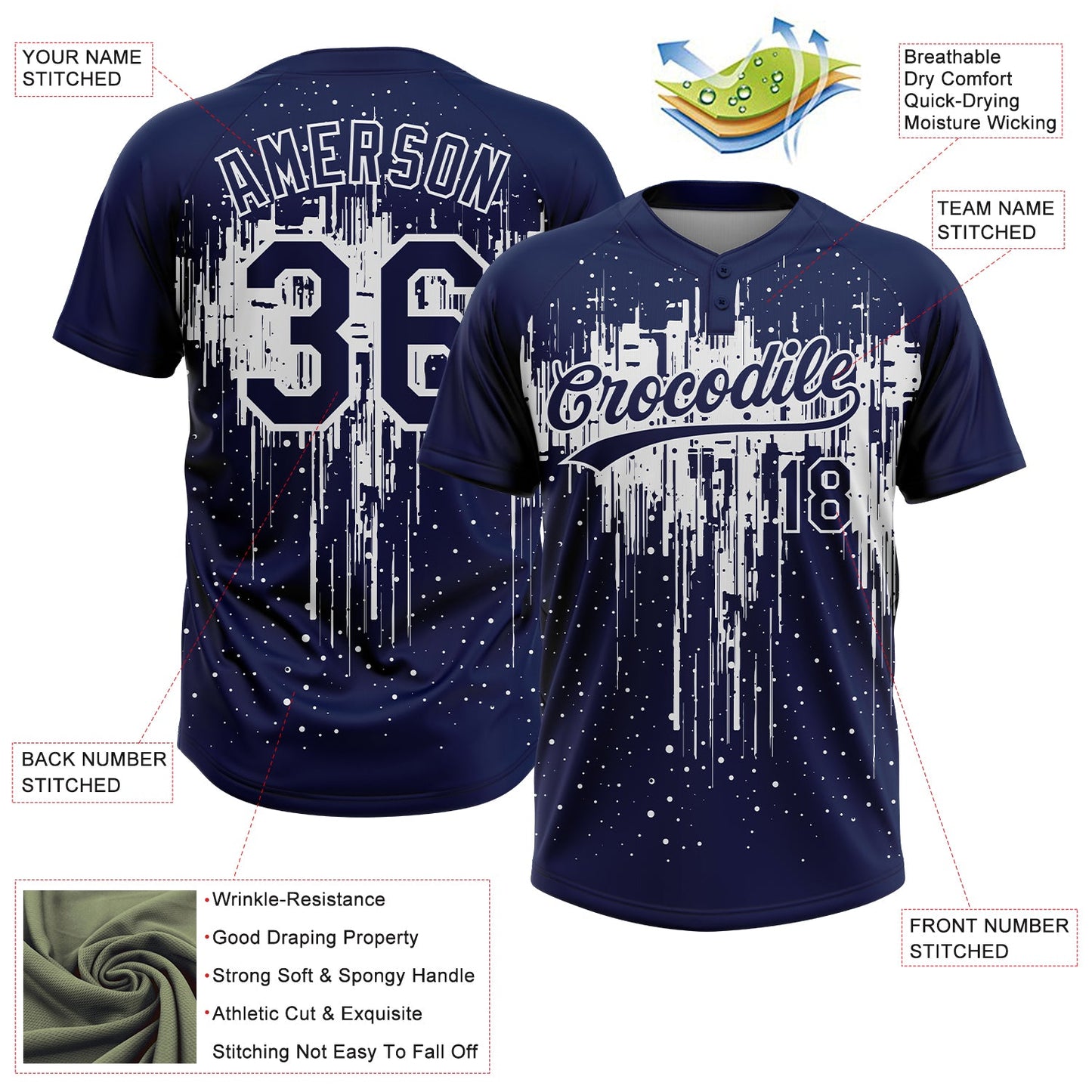 Custom Navy White Dripping Splatter Paint Two-Button Unisex Softball Jersey view 3