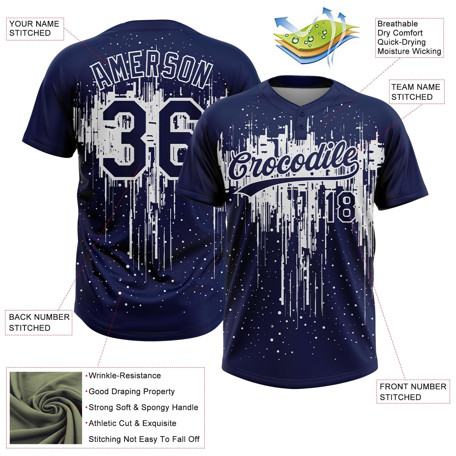Custom Navy White Dripping Splatter Paint Two-Button Unisex Softball Jersey view 3