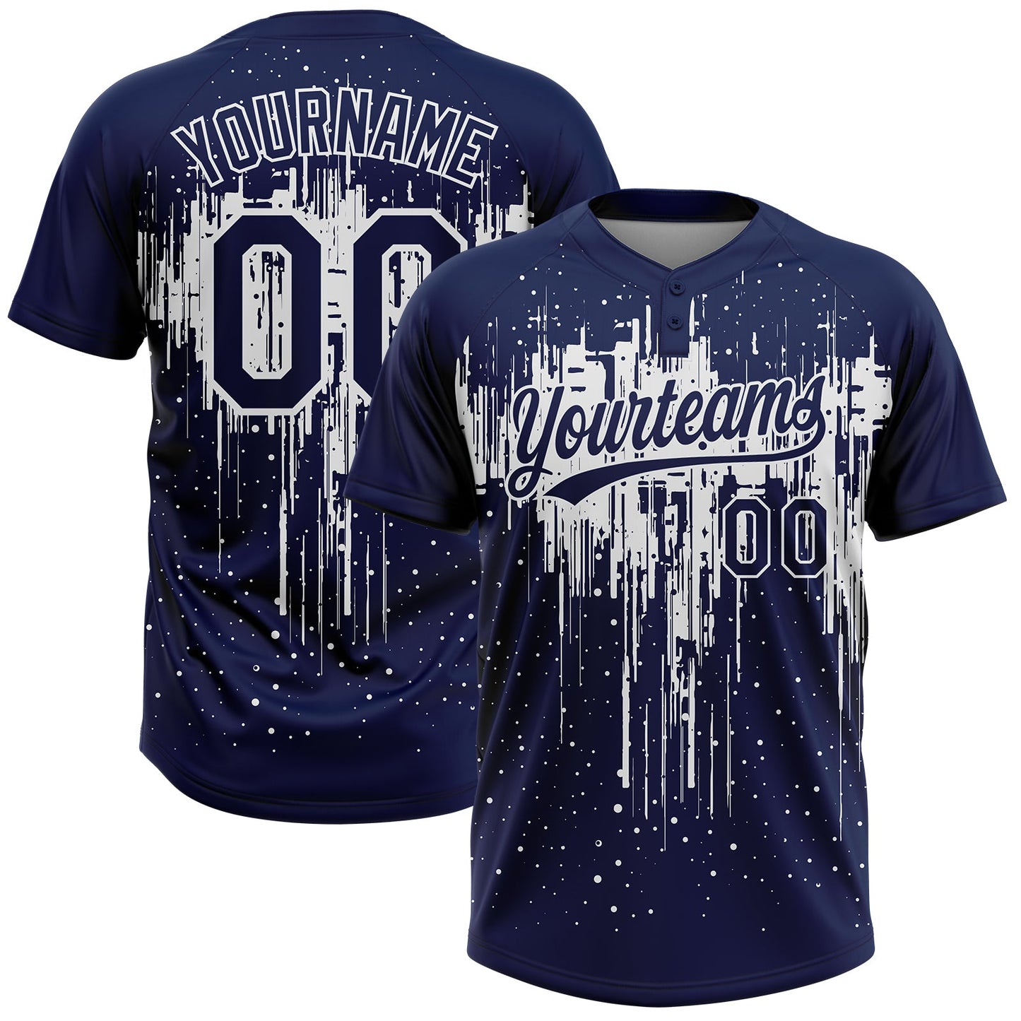 Custom Navy White Dripping Splatter Paint Two-Button Unisex Softball Jersey - Main View