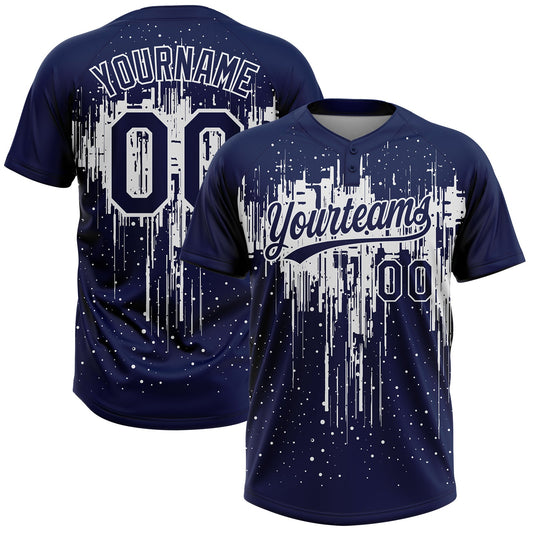 Custom Navy White Dripping Splatter Paint Two-Button Unisex Softball Jersey - Main View