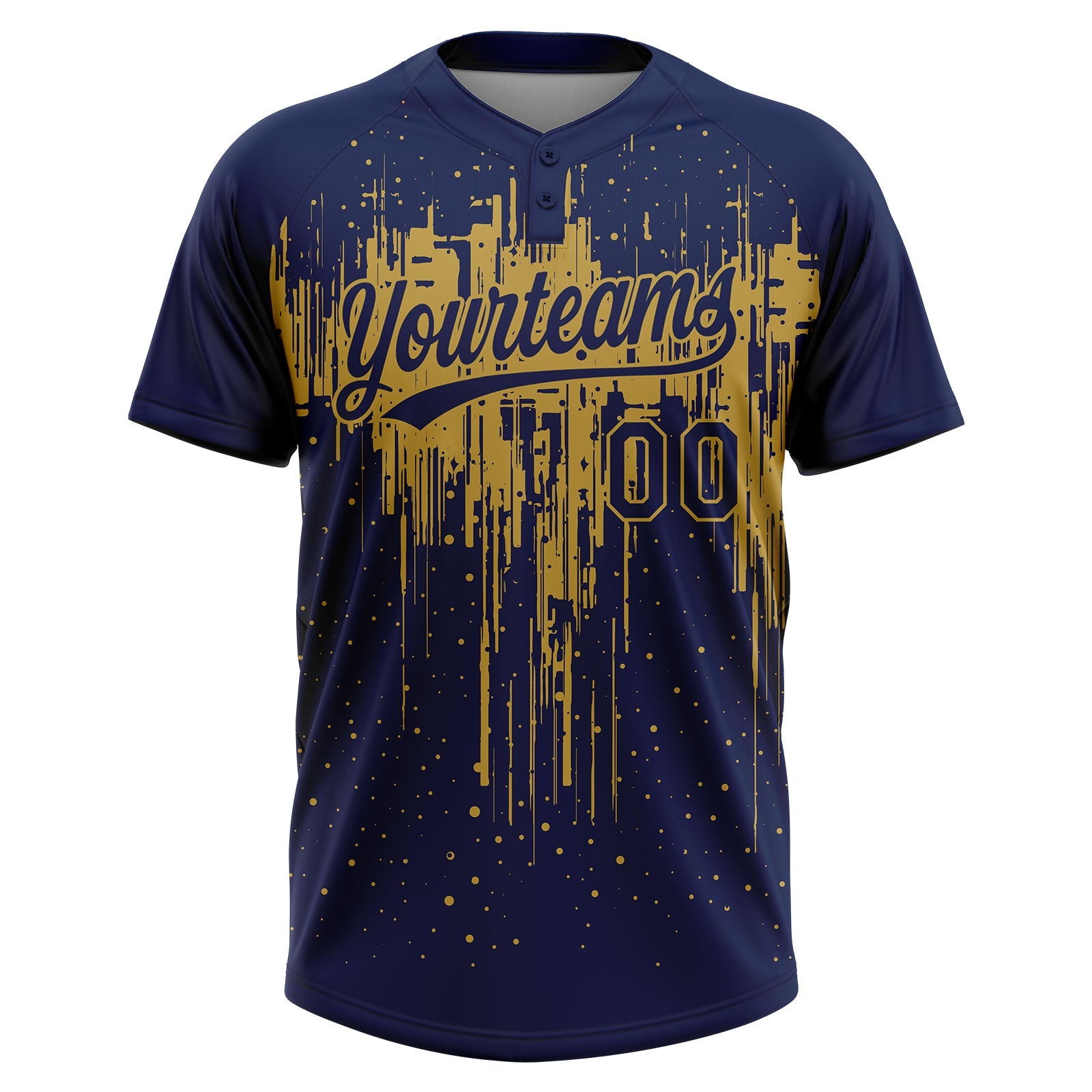 Custom Navy Old Gold Dripping Splatter Paint Two-Button Unisex Softball Jersey view 2