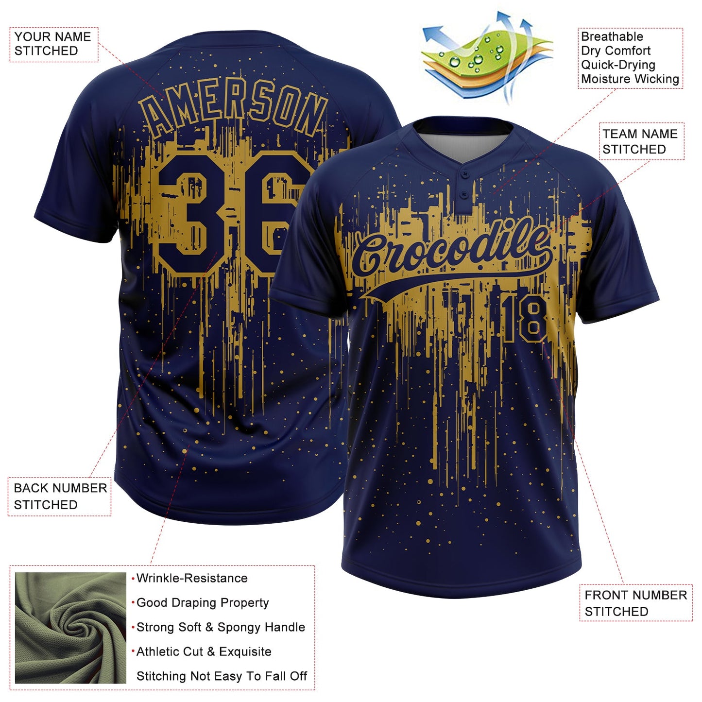 Custom Navy Old Gold Dripping Splatter Paint Two-Button Unisex Softball Jersey view 3