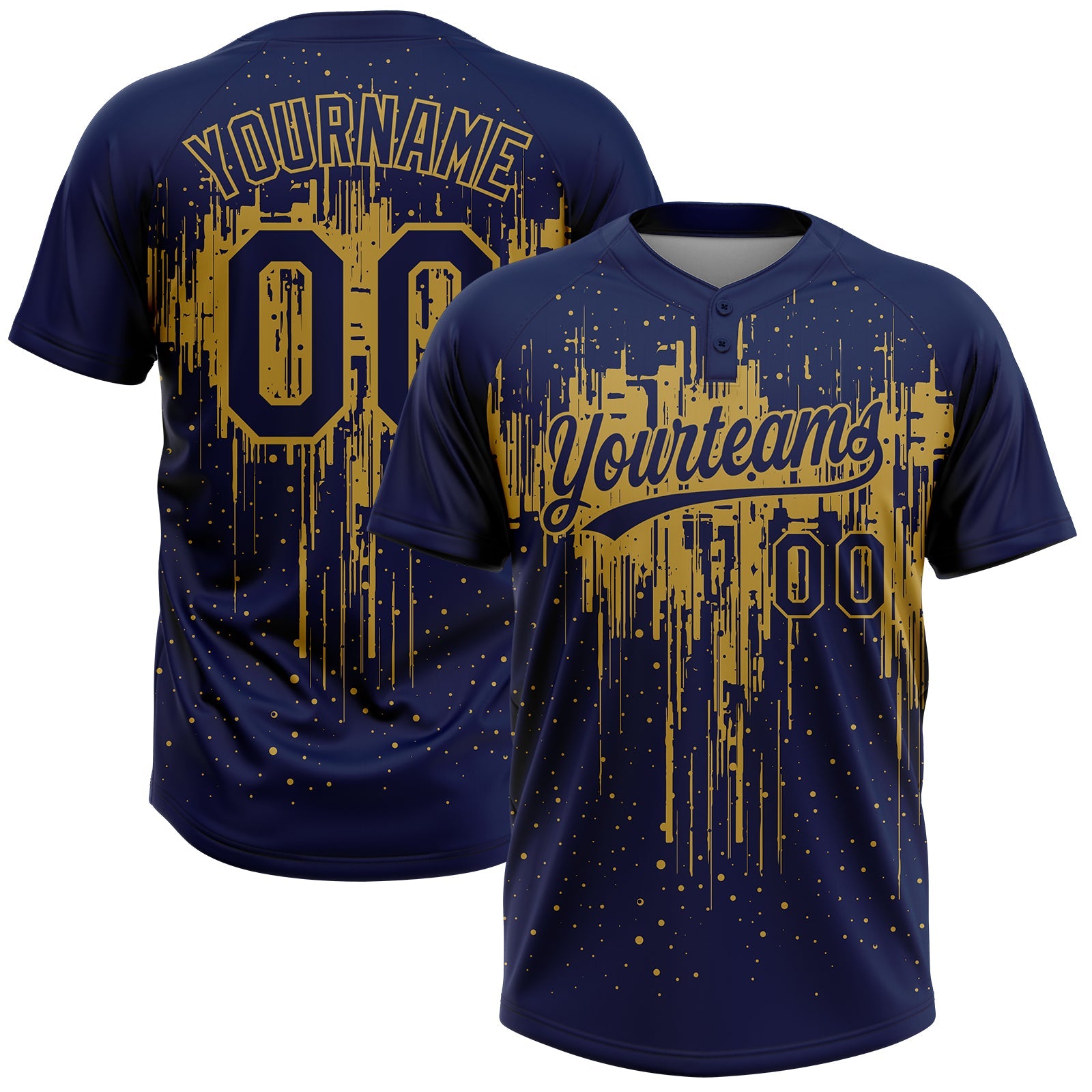 Custom Navy Old Gold Dripping Splatter Paint Two-Button Unisex Softball Jersey - Main View