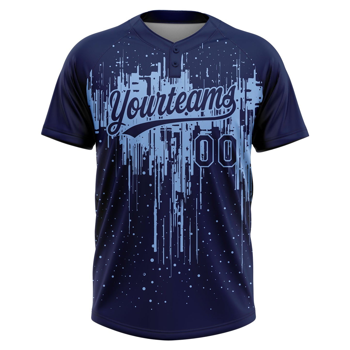 Custom Navy Light Blue Dripping Splatter Paint Two-Button Unisex Softball Jersey view 2