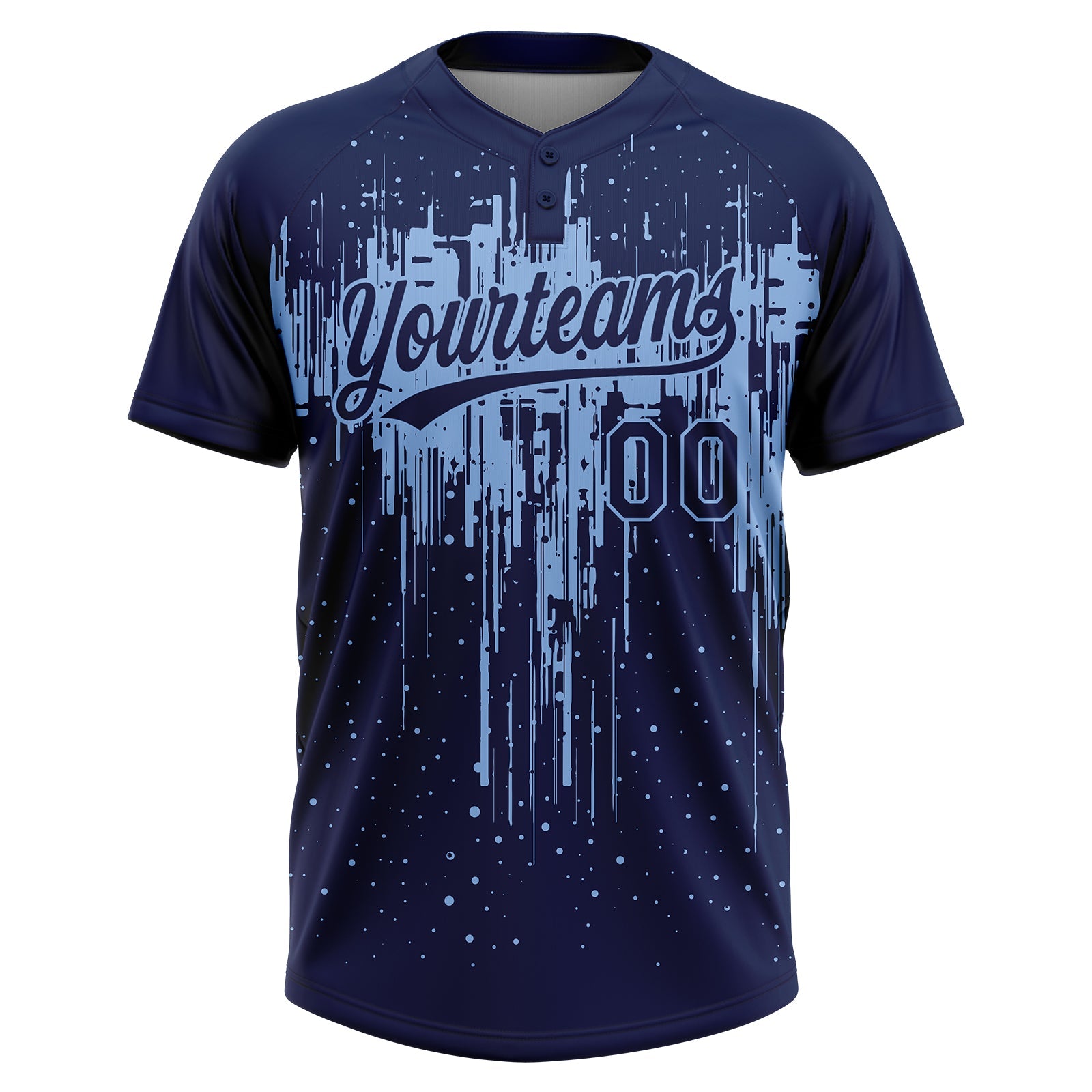 Custom Navy Light Blue Dripping Splatter Paint Two-Button Unisex Softball Jersey view 2