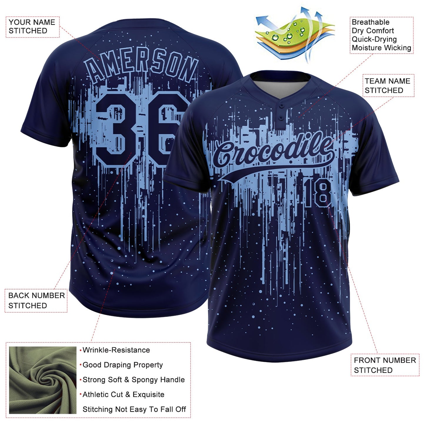 Custom Navy Light Blue Dripping Splatter Paint Two-Button Unisex Softball Jersey view 3