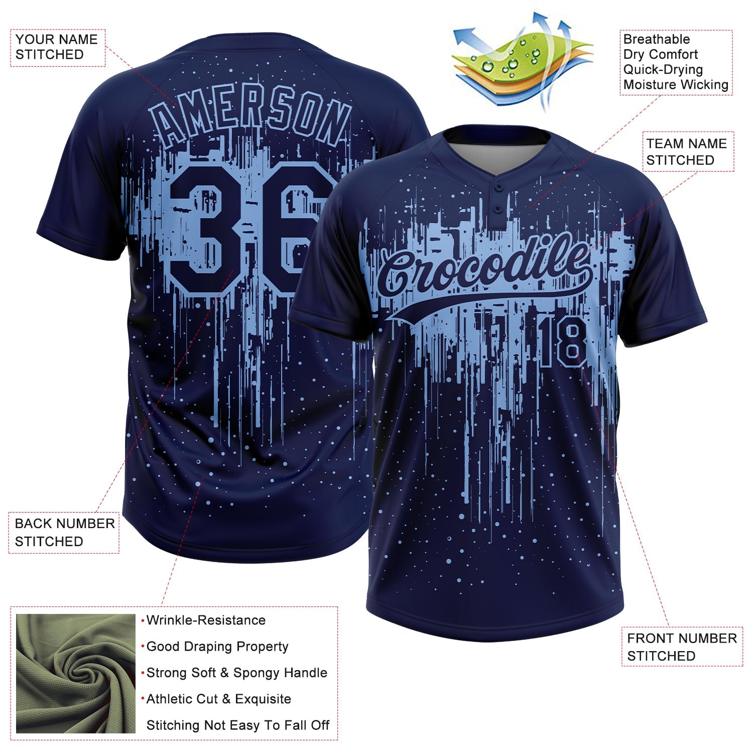 Custom Navy Light Blue Dripping Splatter Paint Two-Button Unisex Softball Jersey view 3